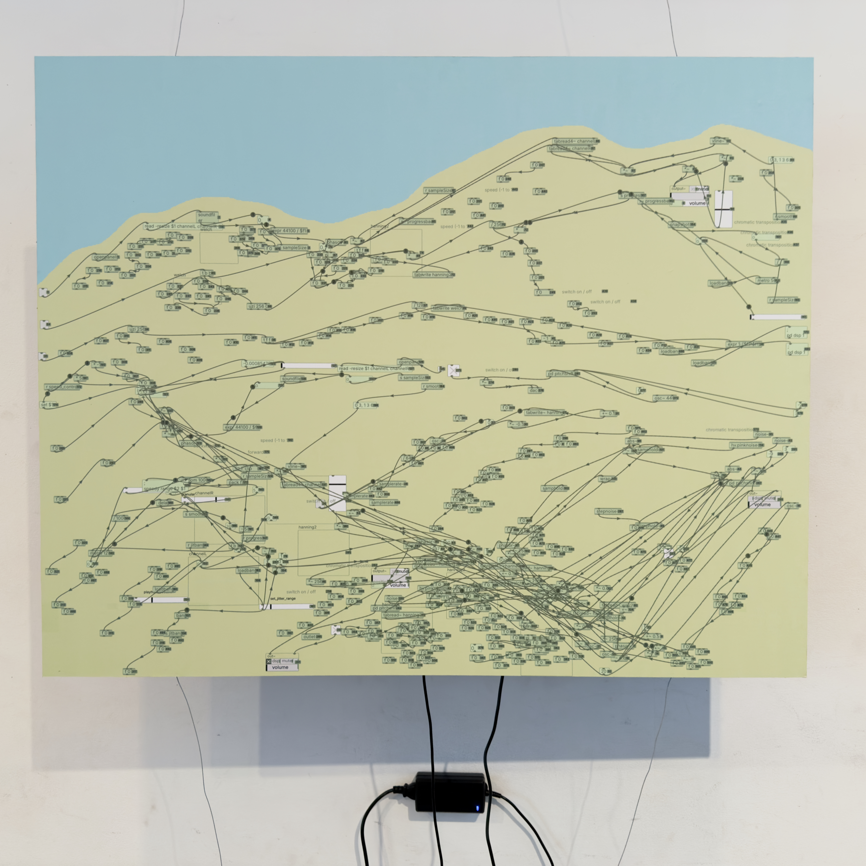 Desert Signal functions as a sonic and visual topography of the borderlands, specifically depicting the desert landscape at a site-specific installation close to the wall in Nogales.